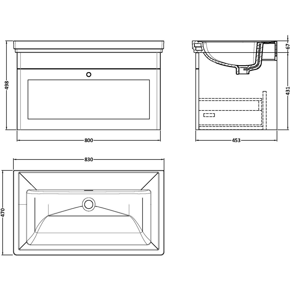 nuie Classique Single Drawer Satin Grey Wall Hung Unit and 0 Tap Hole Fireclay Basin 800mm Image 3
