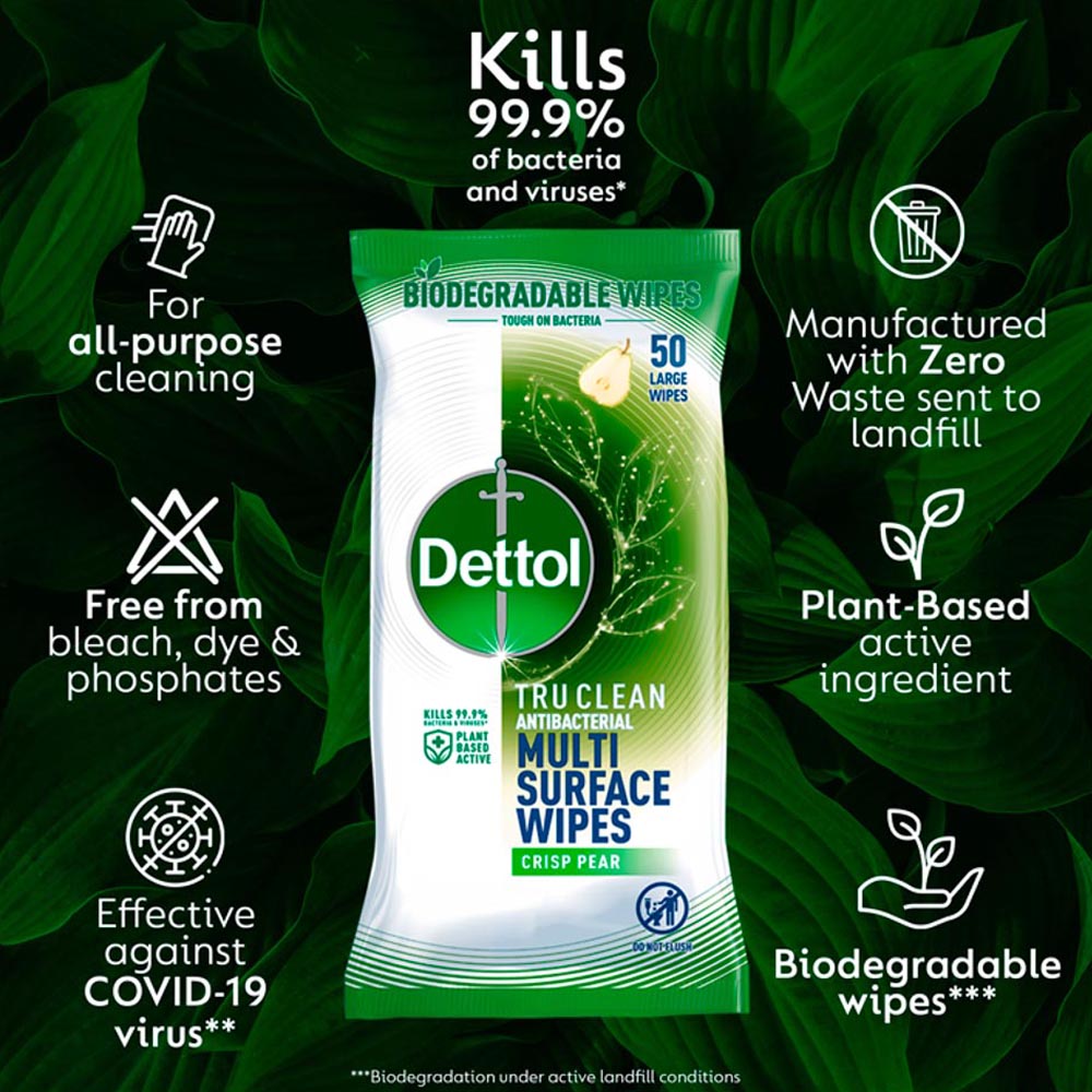 Dettol Tru Clean Antibacterial Crisp Pear Surface Wipes 50 Pack Case of