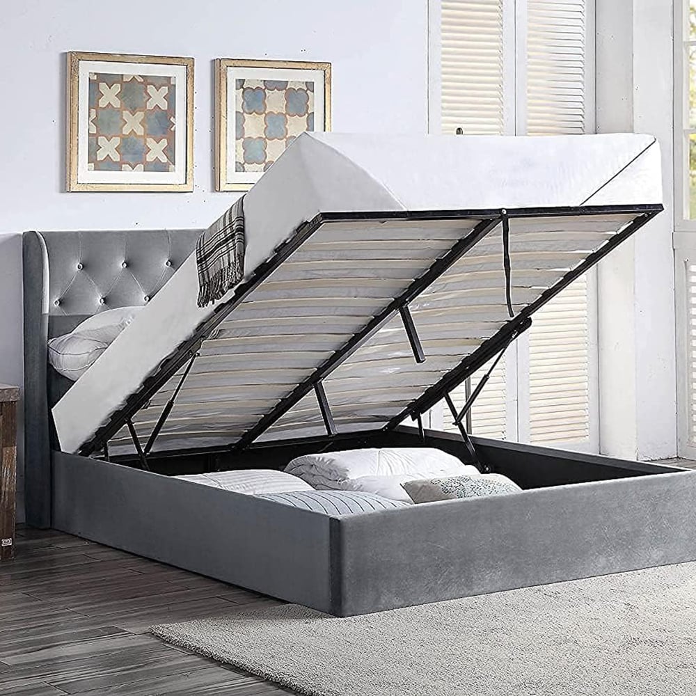 Home Treats King Size Grey Velvet Winged Headboard Ottoman Bed Frame Image 3