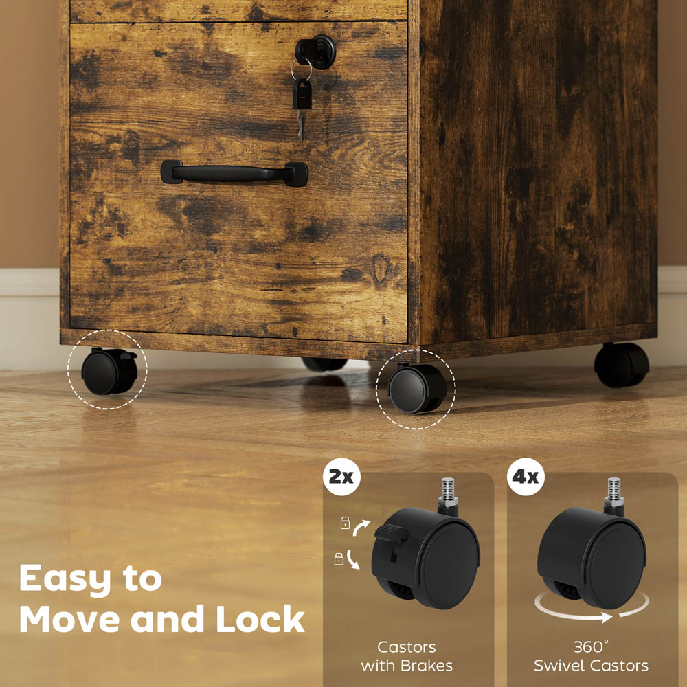 Portland 3 Drawer Brown Mobile Lockable Filing Cabinet with Keys Image 4