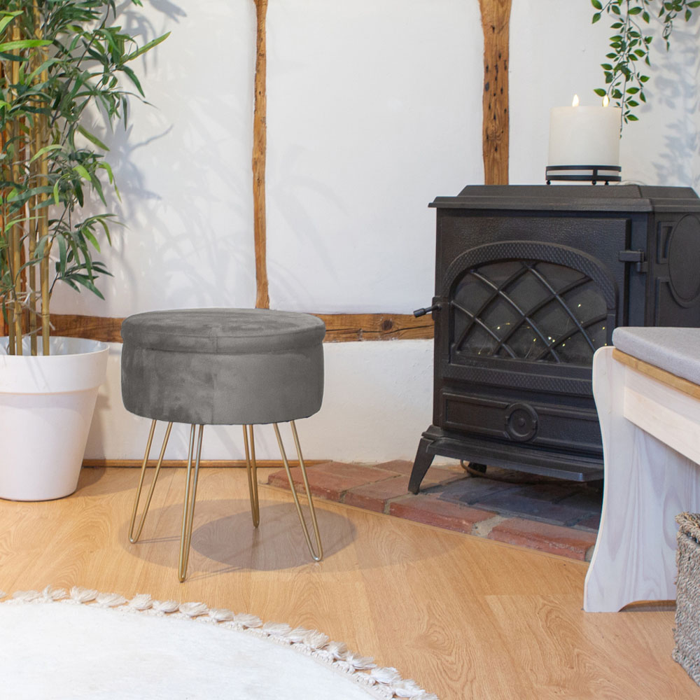 Harbour Housewares Grey and Black Velvet Round Footstool with Storage Image 6