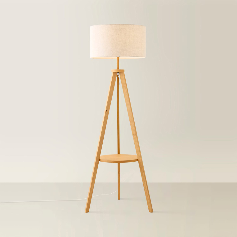 ValueLights Morrigan Mid Wood Tripod Floor Lamp with Linen Fabric Drum Shade and Bulb Image 3