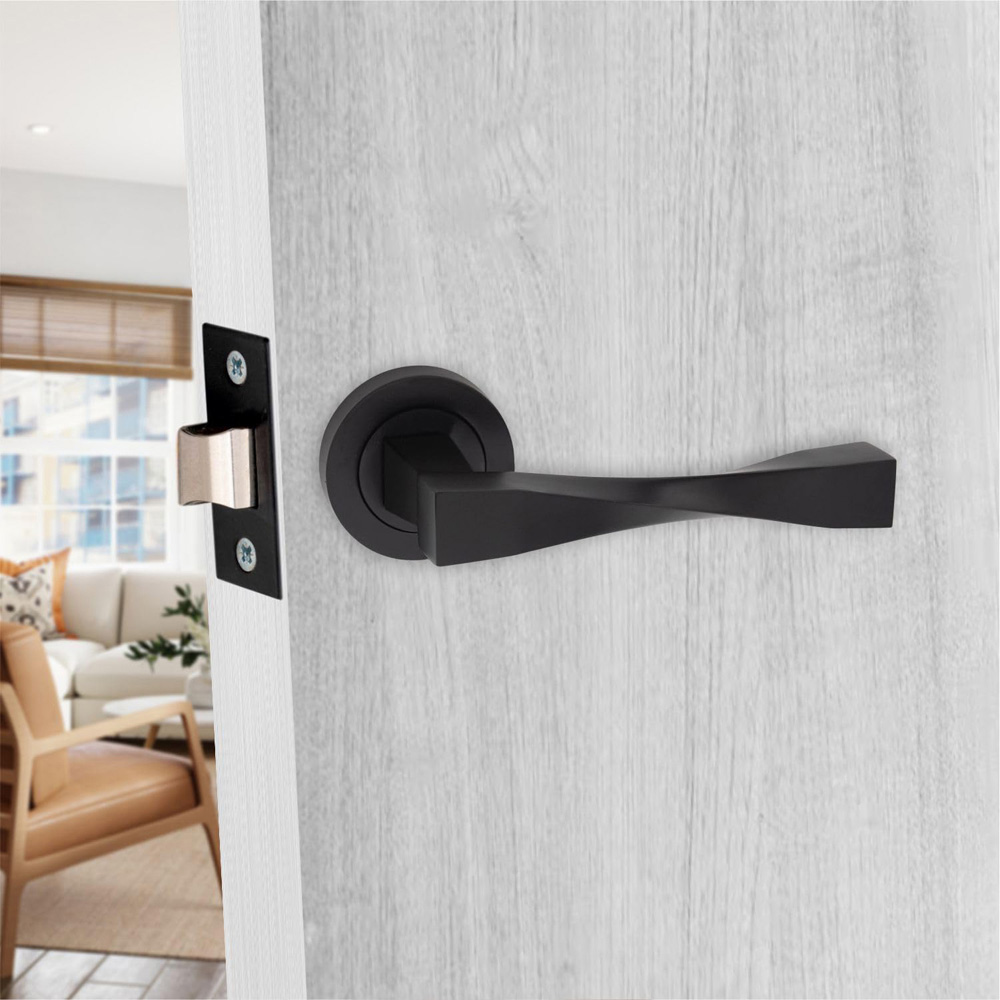 Golden Grace Matt Black Straight Astrid Twist Bathroom Door Handle Pair with Mortise Hinges and Thumbturn 64mm Image 2