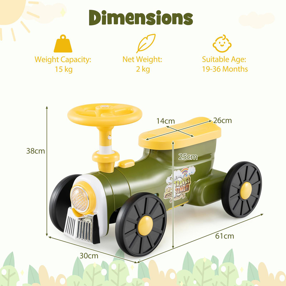 Costway Kids Green Ride On Push Car Train with Sound Button and Storage Compartment Image 8