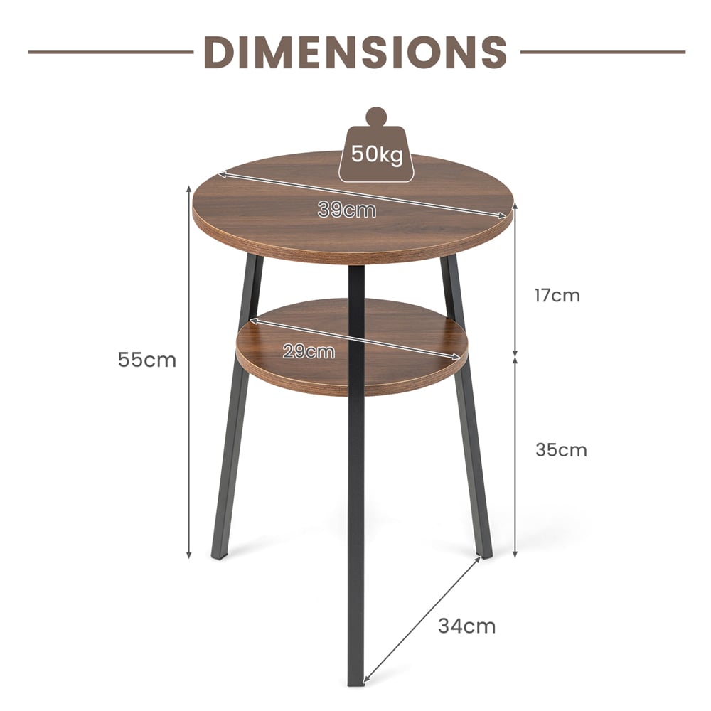 Costway 2 Shelf Walnut Round Wooden Side Table Image 9