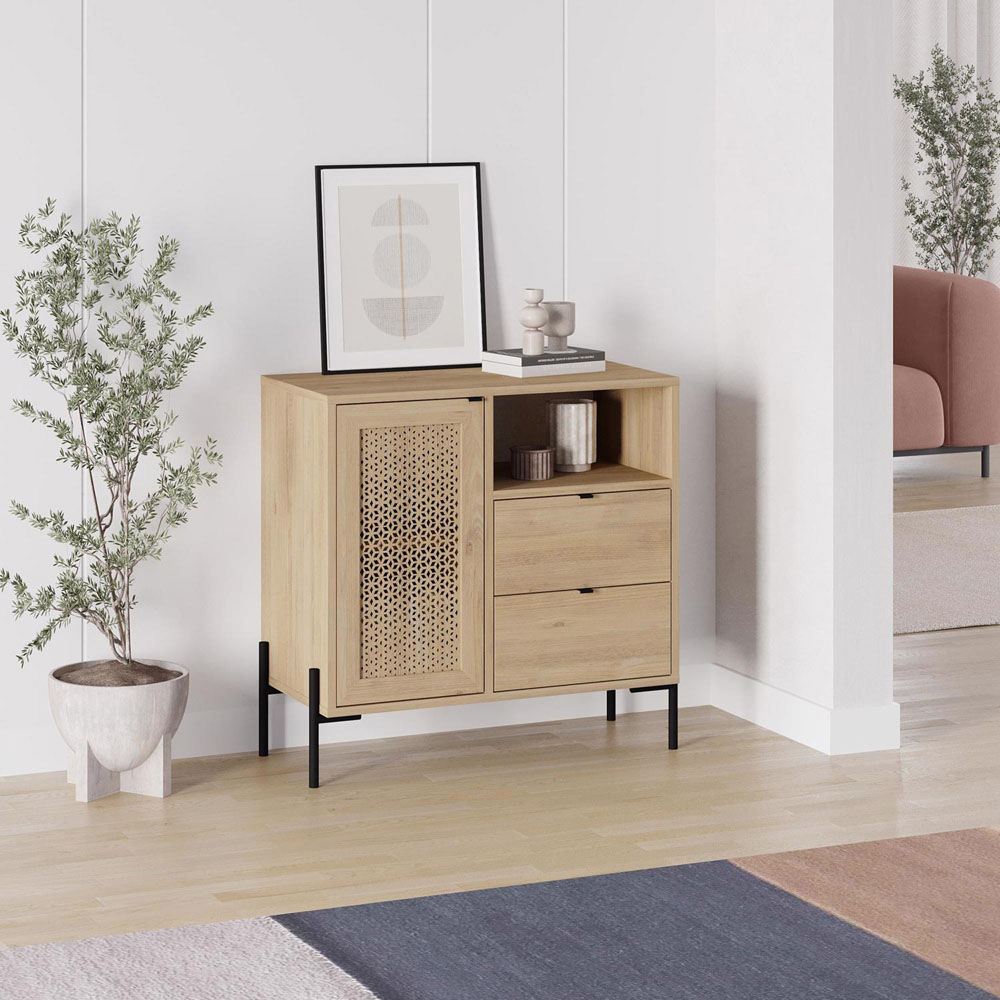 FWStyle Naïve Single Door 2 Drawer Oak Laser Cut Storage Unit Image 6