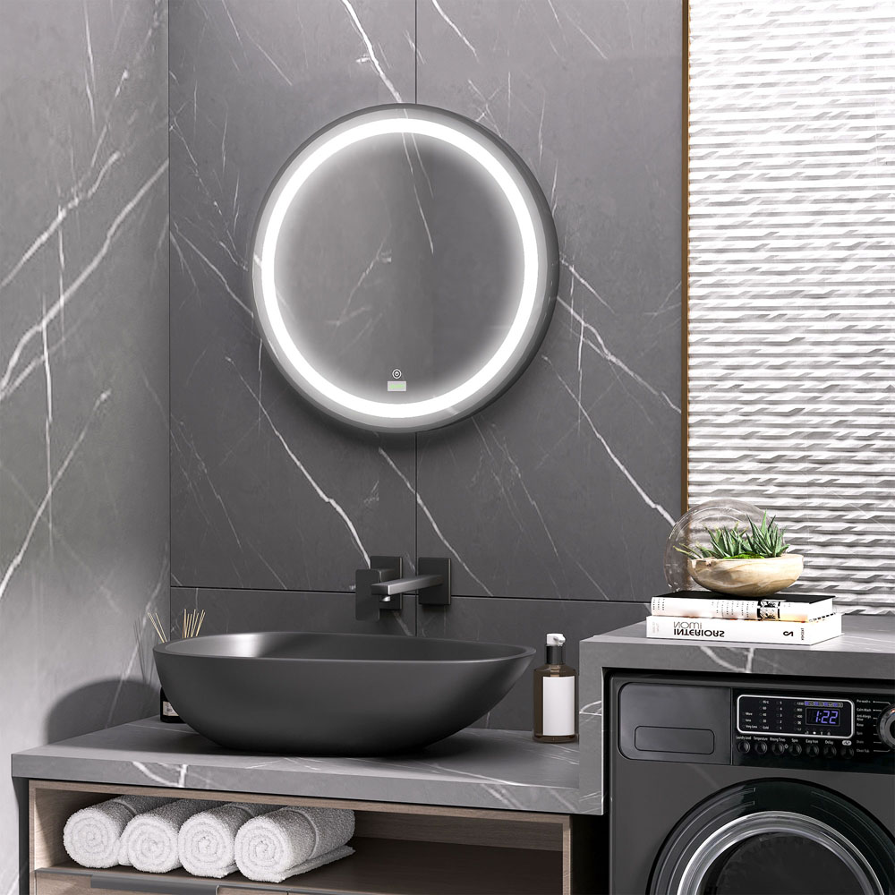 Kleankin Black Round LED Bathroom Mirror Image 2