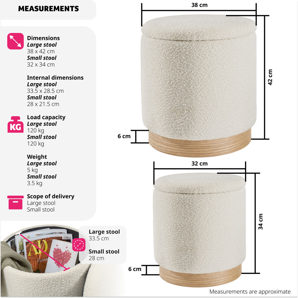 Tectake Orchid Set of 2 White Boucle Padded Stools with Storage Image 9