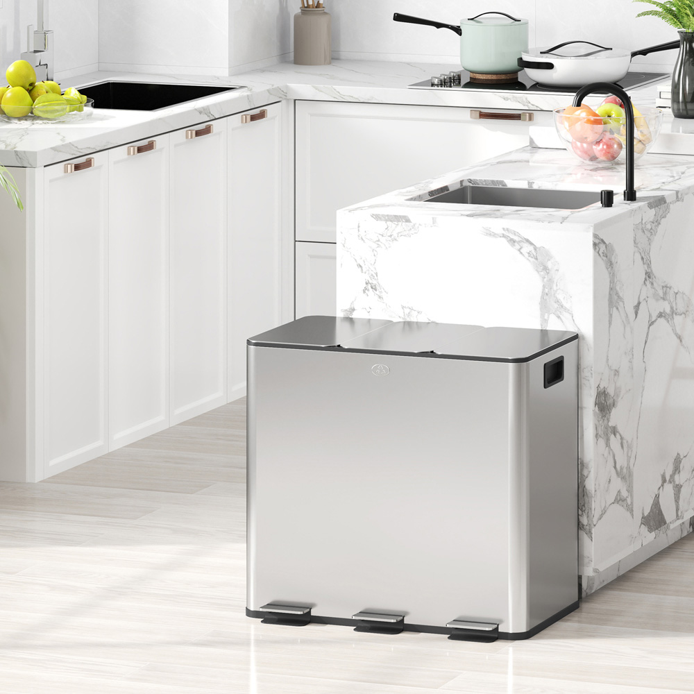 HOMCOM Silver Tone Triple Bin Kitchen Pedal Bin 45L Image 2