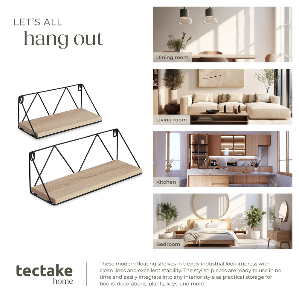 tectake Oak Wall Shelf with Decorative Metal Bracket Set of 2 Image 7
