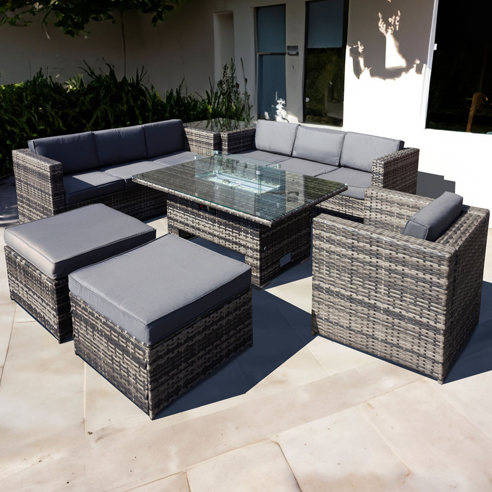 Oseasons Malta 9 Seater Grey Walnut Rattan Rising Firepit Corner Sofa Set with 2 Footstool Image 1
