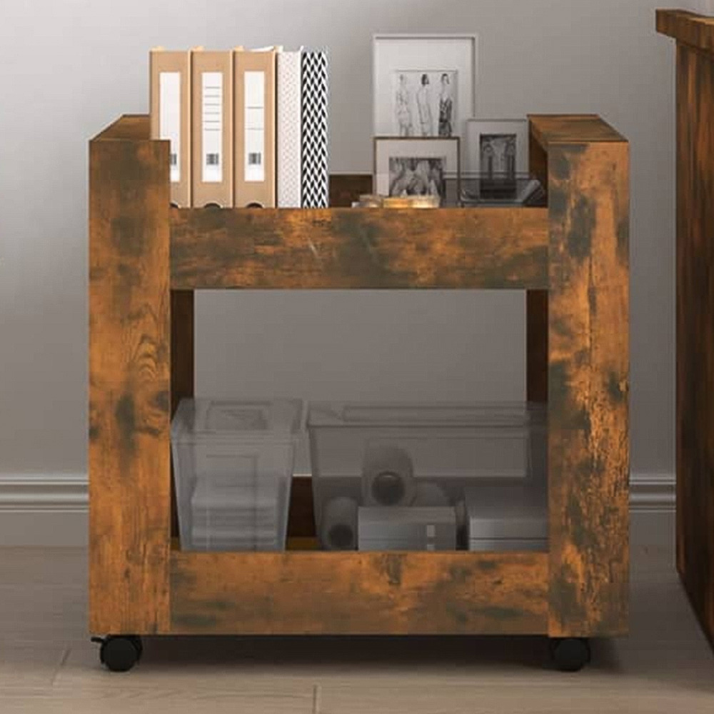 vidaXL 2 Shelf Smoked Oak Wooden Desk Trolley Image 1