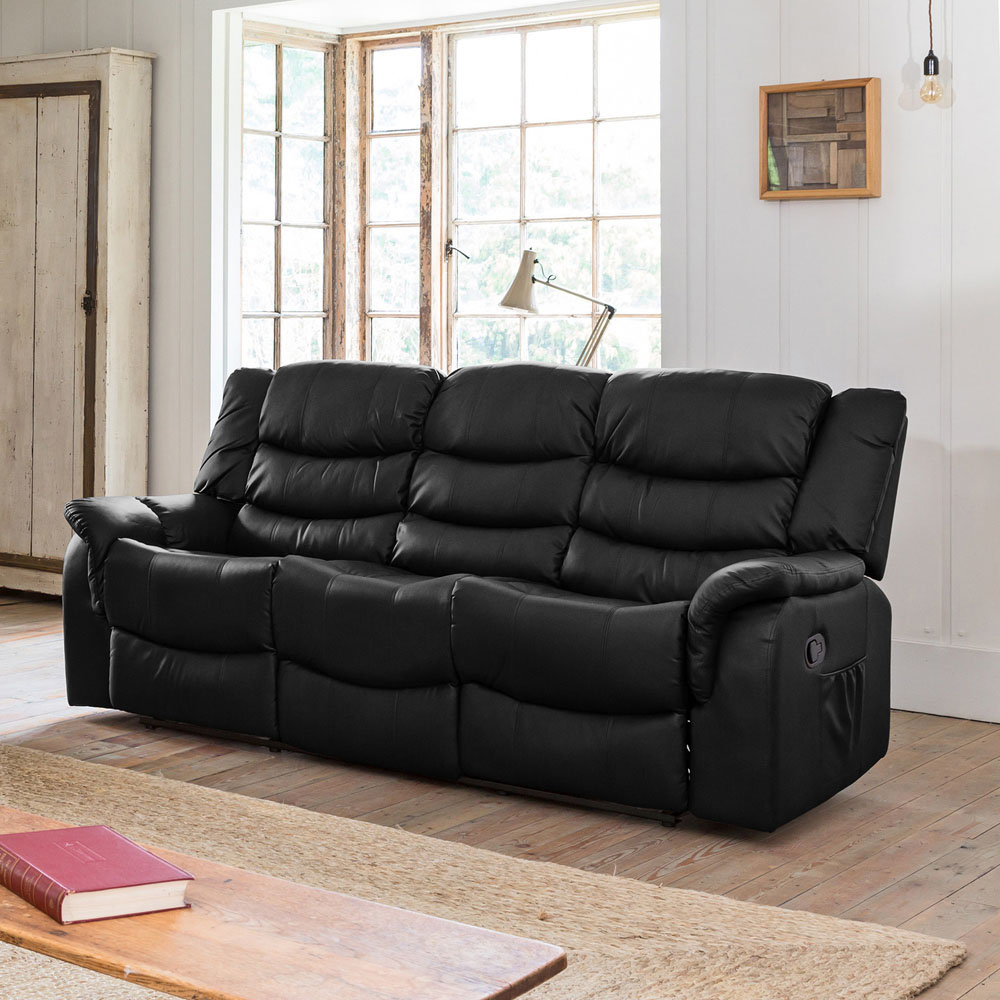 Almeira 3 Seater Black Bonded Leather Recliner Sofa Image 1