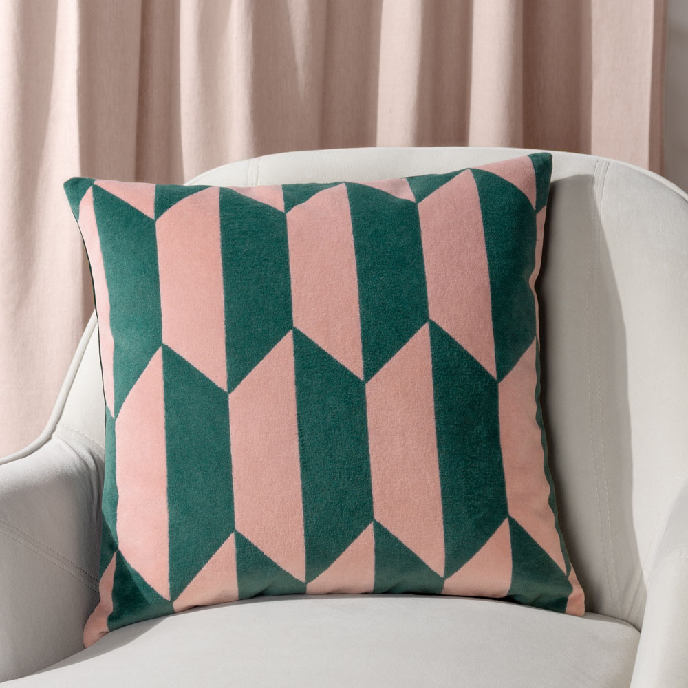 furn. Kalho Pink and Green Velvet Jacquard Cushion Image 2