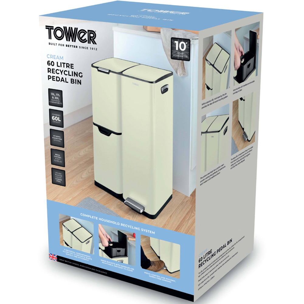 Tower Cream Carbon Steel Triple Recycling Pedal Bin 60L Image 2