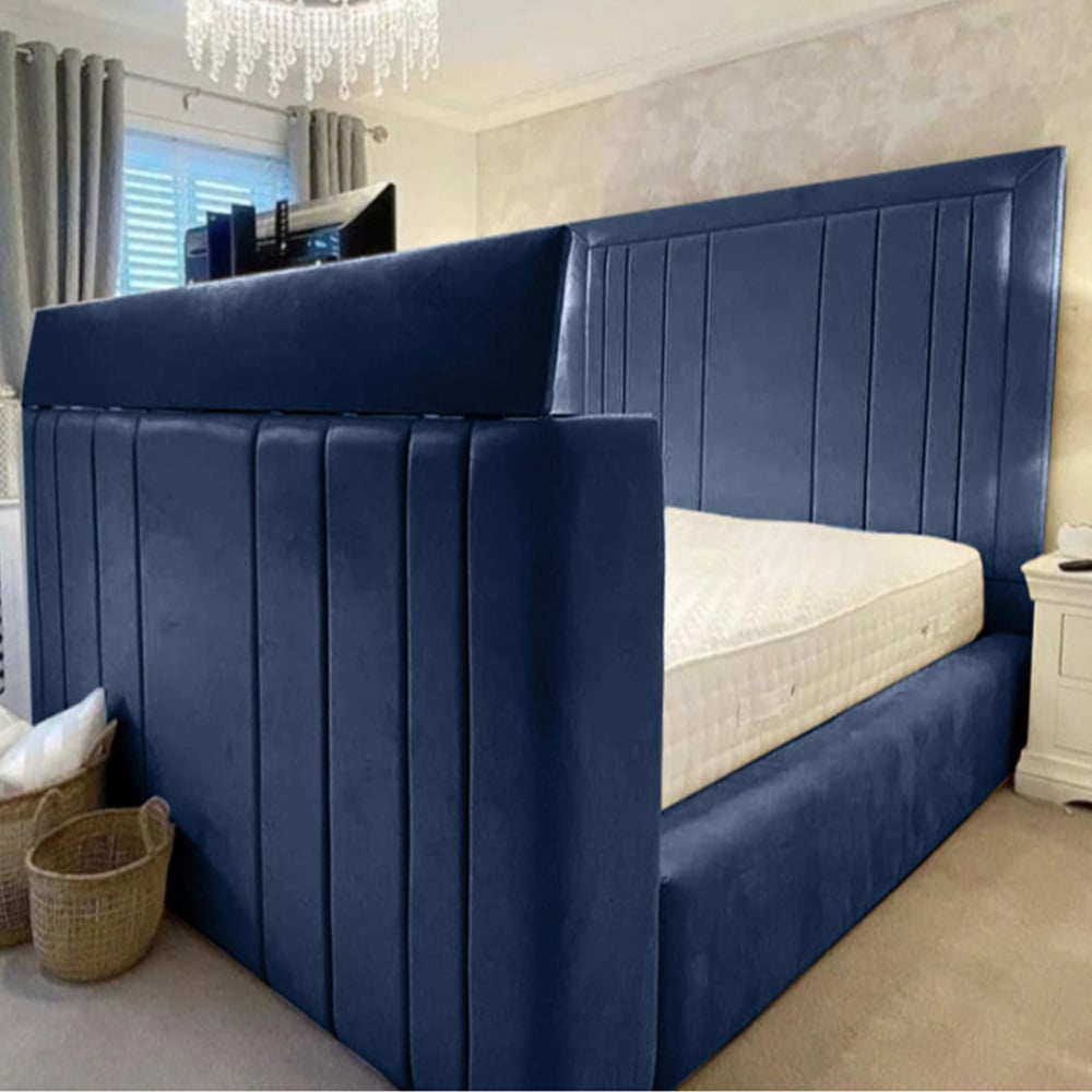 Eleganza Home Genna Super King Size Blue Plush Velvet TV Bed Frame with Lined Headboard Image 1