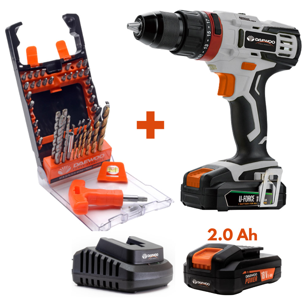 Daewoo U-Force 18V Cordless Impact Drill with 2.0Ah Battery Charger 50 Piece Drill Bit Set Image 5