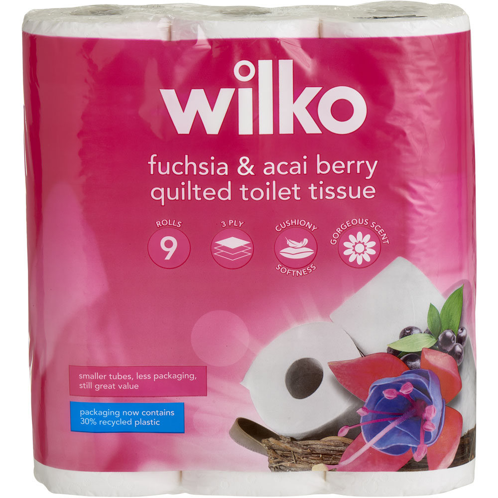 Wilko Fuchsia and Acai Berry Quilted Toilet Tissue 9 Rolls 3 Ply Image 1