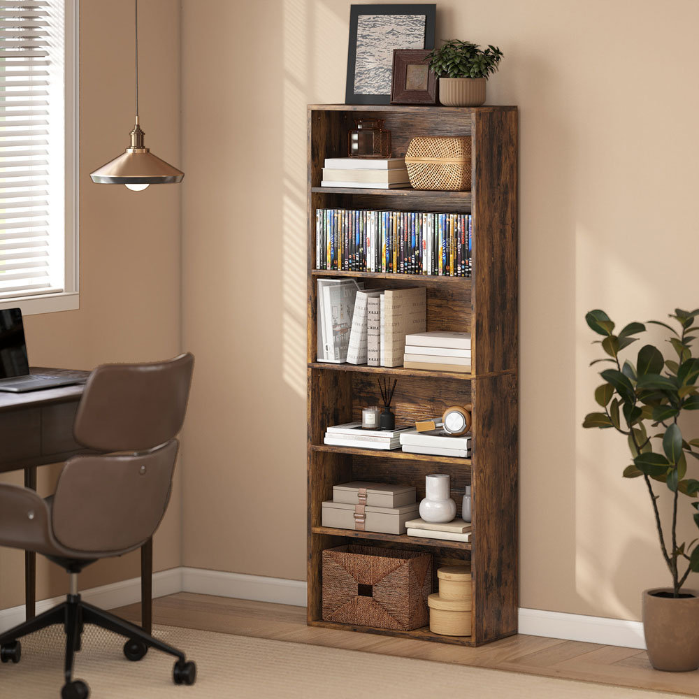 Portland 6 Shelf Rustic Brown Adjustable Freestanding Bookcase Image 5