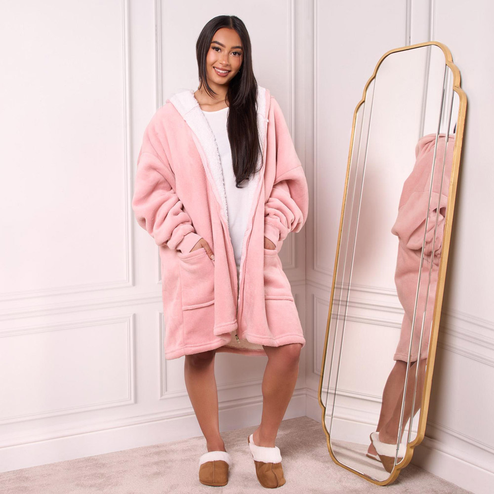 Sienna Blush Pink Sherpa Fleece Zip Up Oversized Hoodie Blanket Image 2