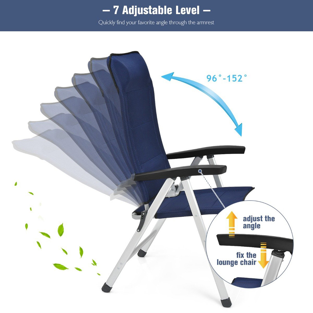 Costway Set of 2 Navy Blue Folding Lounge Chair with Raised Backrest Image 7