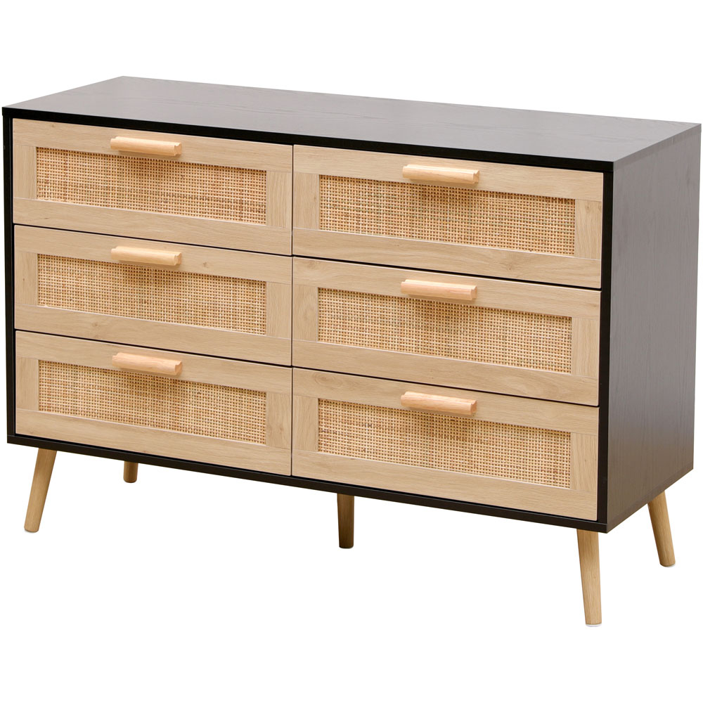 FurnitureHMD 6 Drawer Black and Natural Rattan Woven Front Wooden Chest of Drawers Image 2