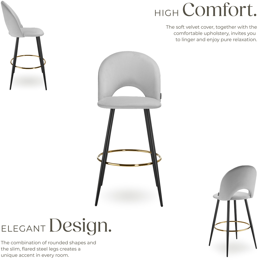 tectake Rachel Light Grey and Black Velvet Look Bar Stool Set of 6 Image 3