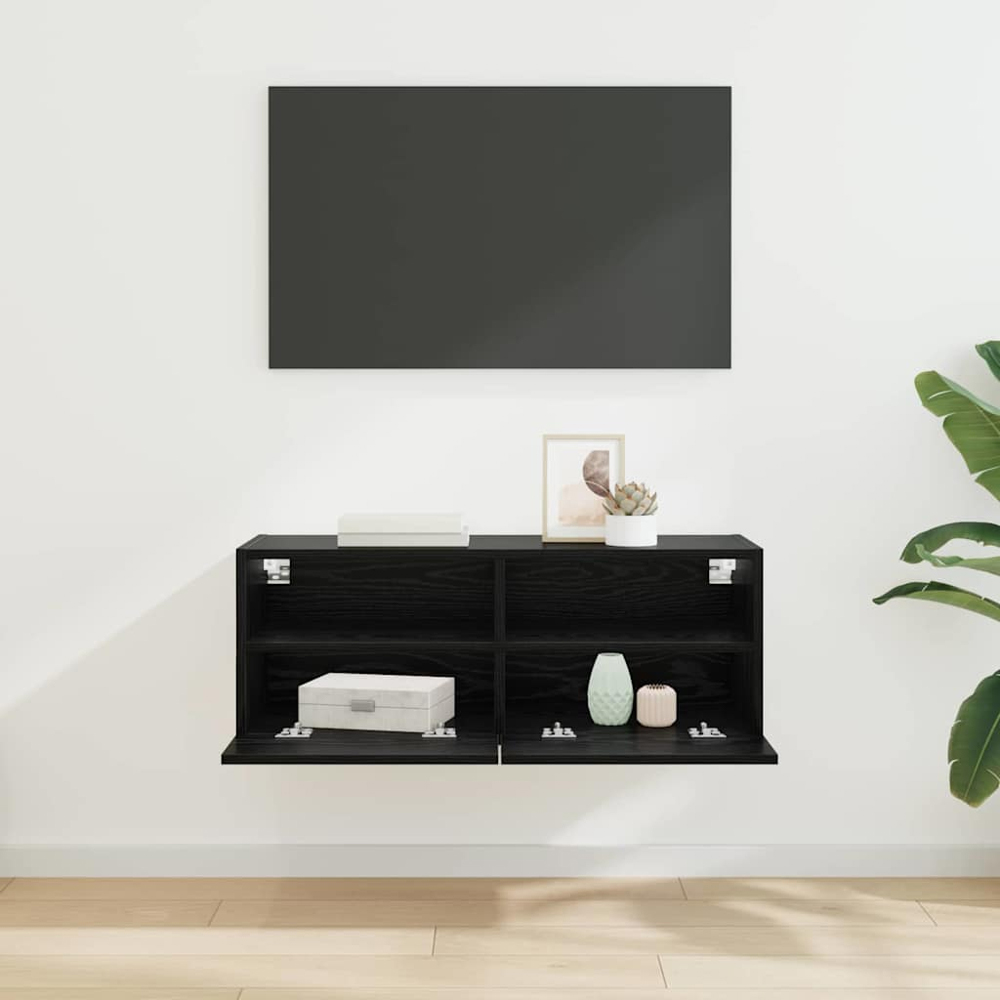vidaXL 2 Door 2 Shelf Black Oak Wide Wall Mounted TV Unit Image 9