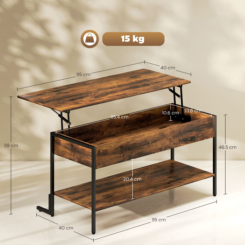 HOMCOM Rustic Brown Industrial Lift Top Coffee Table with Storage Image 9