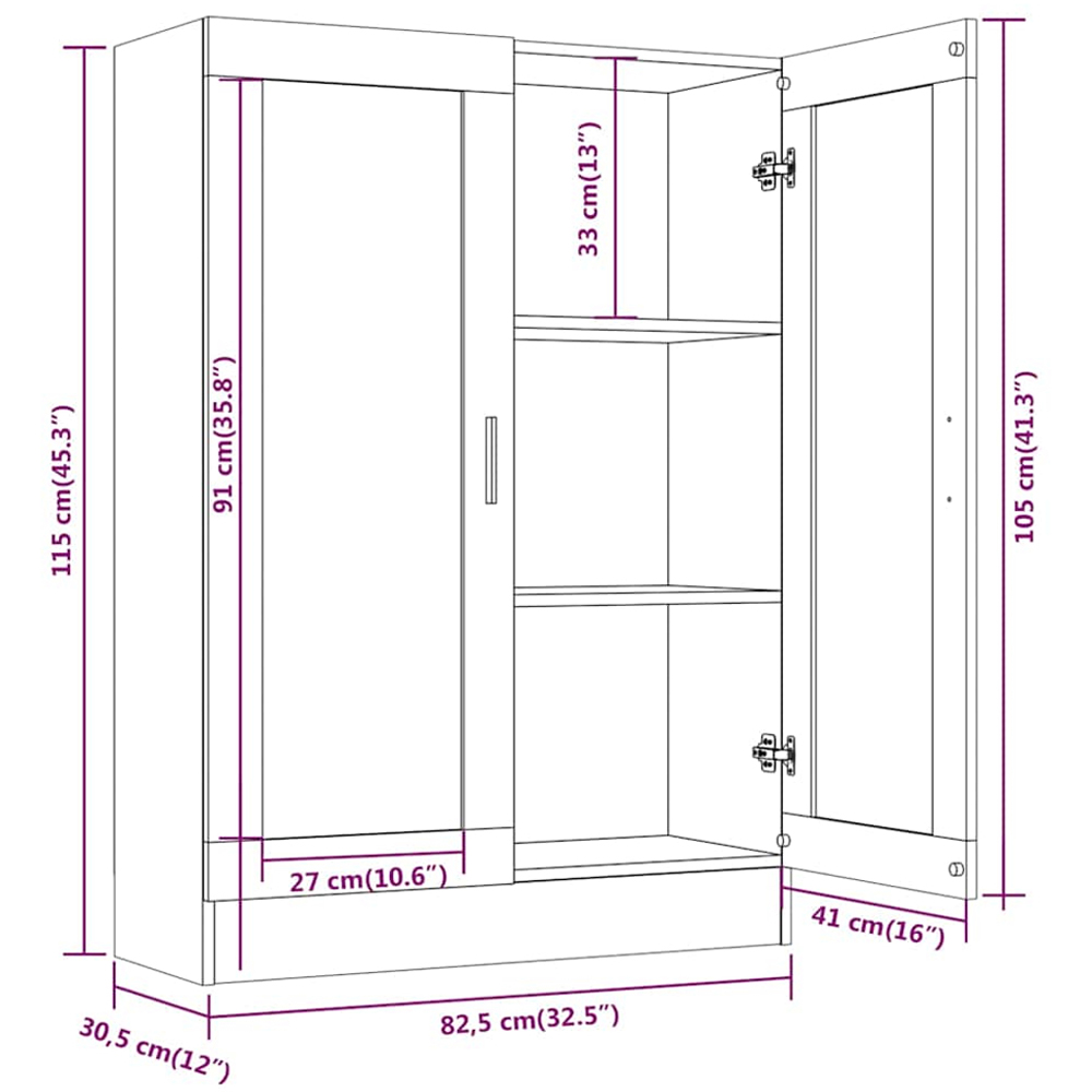 vidaXL 2 Door 3 Shelf Smoked Oak Vitrine Cabinet Image 8