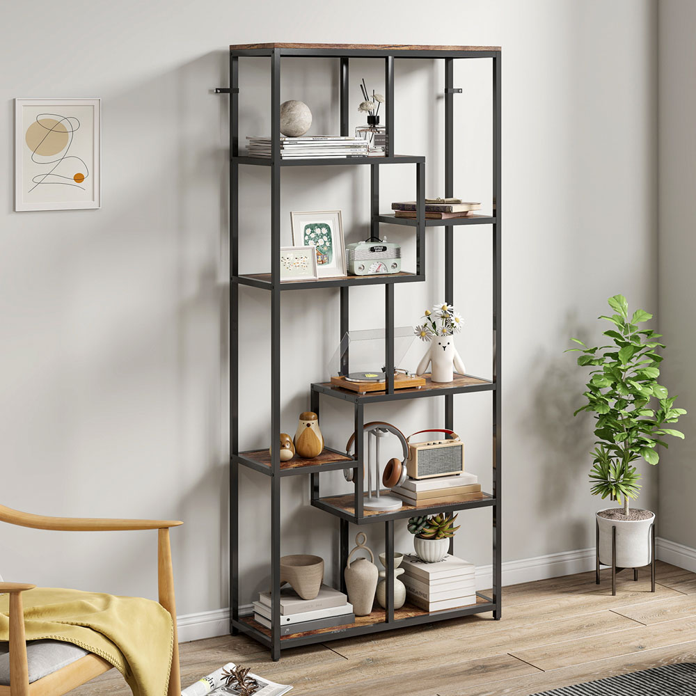 Portland 7 Shelf Rustic Brown and Black Industrial Bookcase Image 5