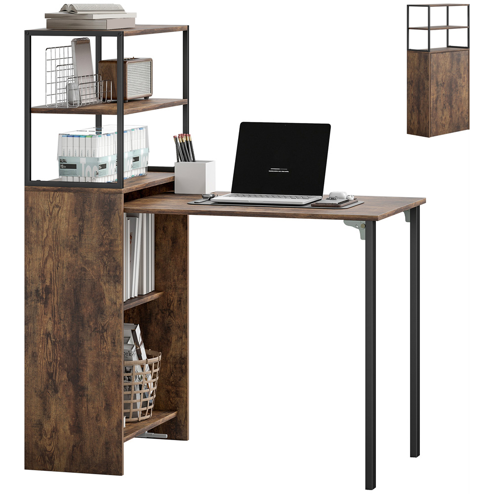 Portland 5 Shelf Foldable Multifunctional Computer Desk Rustic Brown Image 2