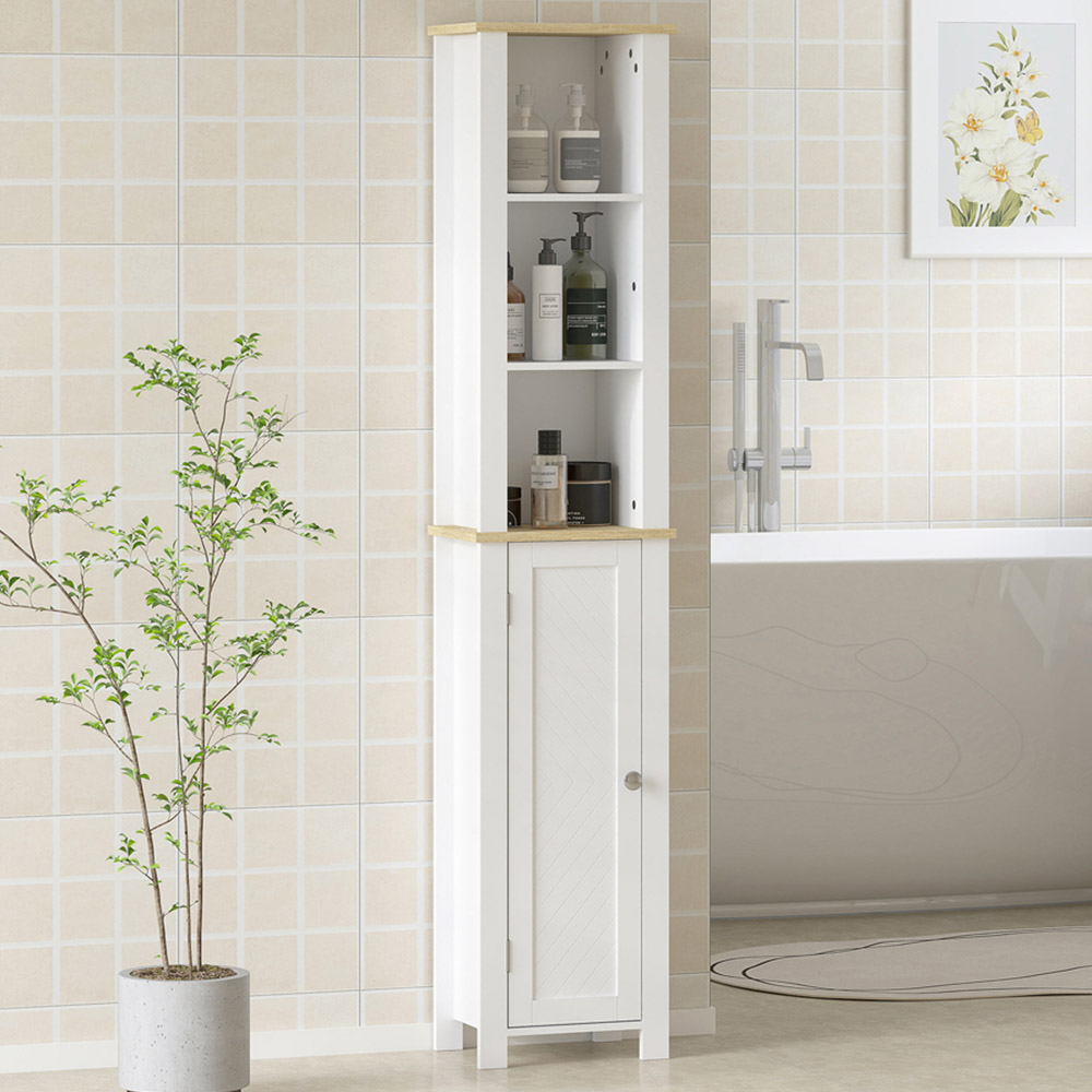 Kleankin Single Door 3 Shelf White Narrow Bathroom Storage Cabinet Image 1