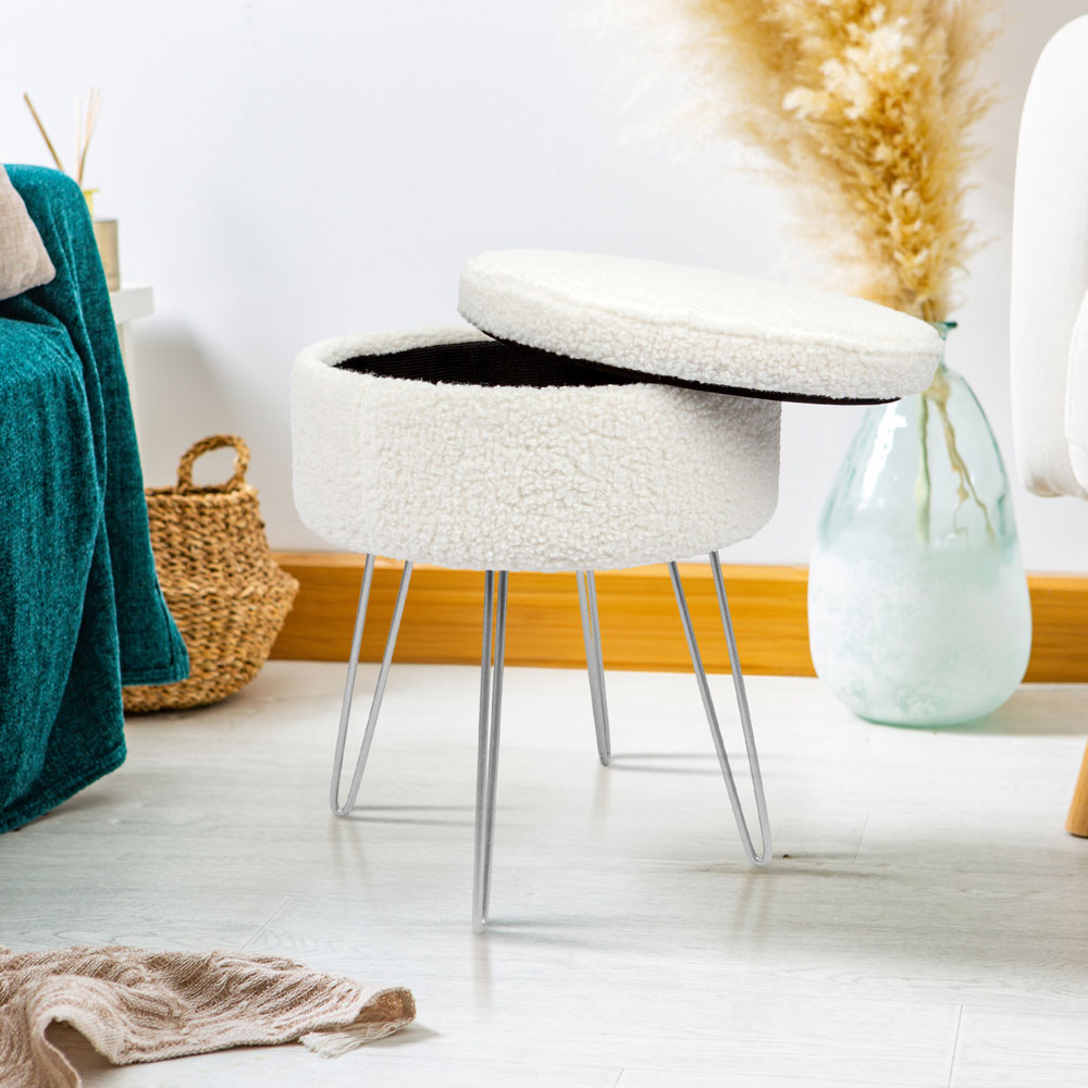 Harbour Housewares Cream and Silver Boucle Round Footstool with Storage Image 6