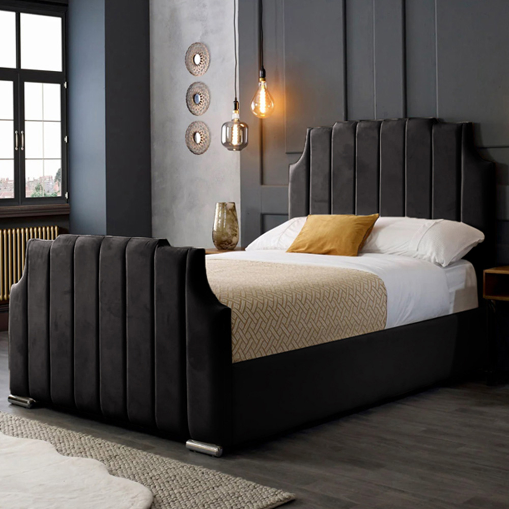 Eleganza Home Nelson Double Black Plush Velvet Bed Frame with Headboard Image 1