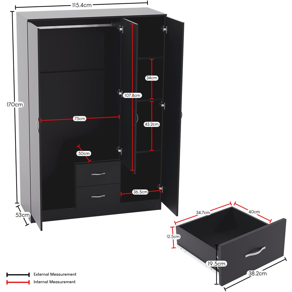 Vida Designs Riano 3 Door 2 Drawer Black Mirror Wardrobe Image 9