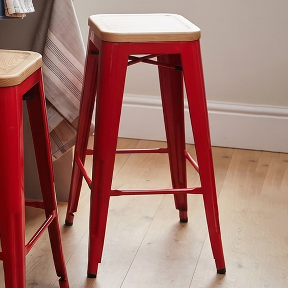 Premier Housewares Aldgate Red Metal and Wood Industrial-Style Bar Stool Image 1