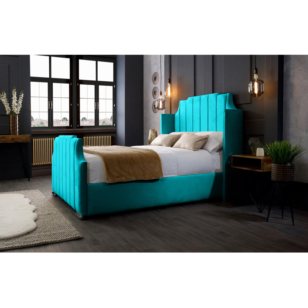 Eleganza Home Nelly Double Teal Plush Velvet Bed Frame with Winged Headboard Image 3