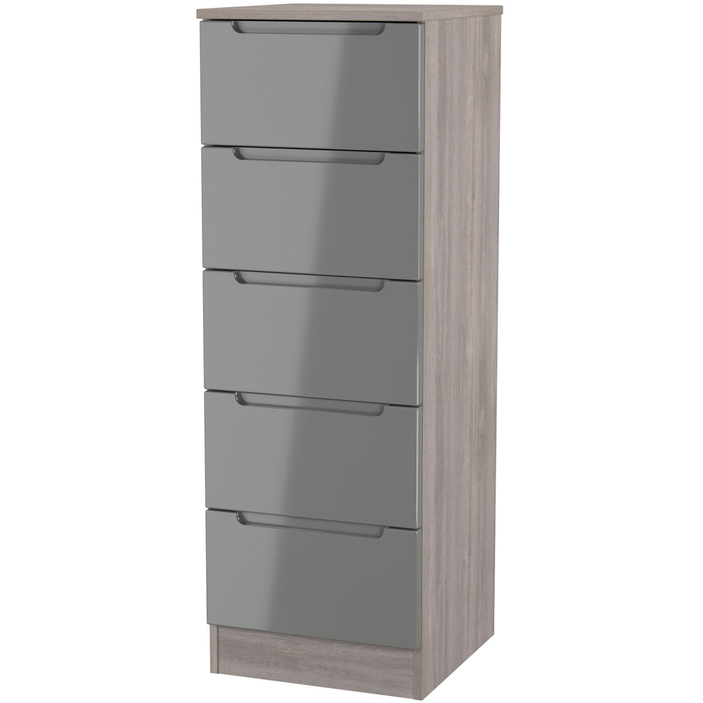 Crowndale Milan 5 Drawer Grey Gloss and Grey Oak Tall Bedside Cabinet Ready Assembled Image 4