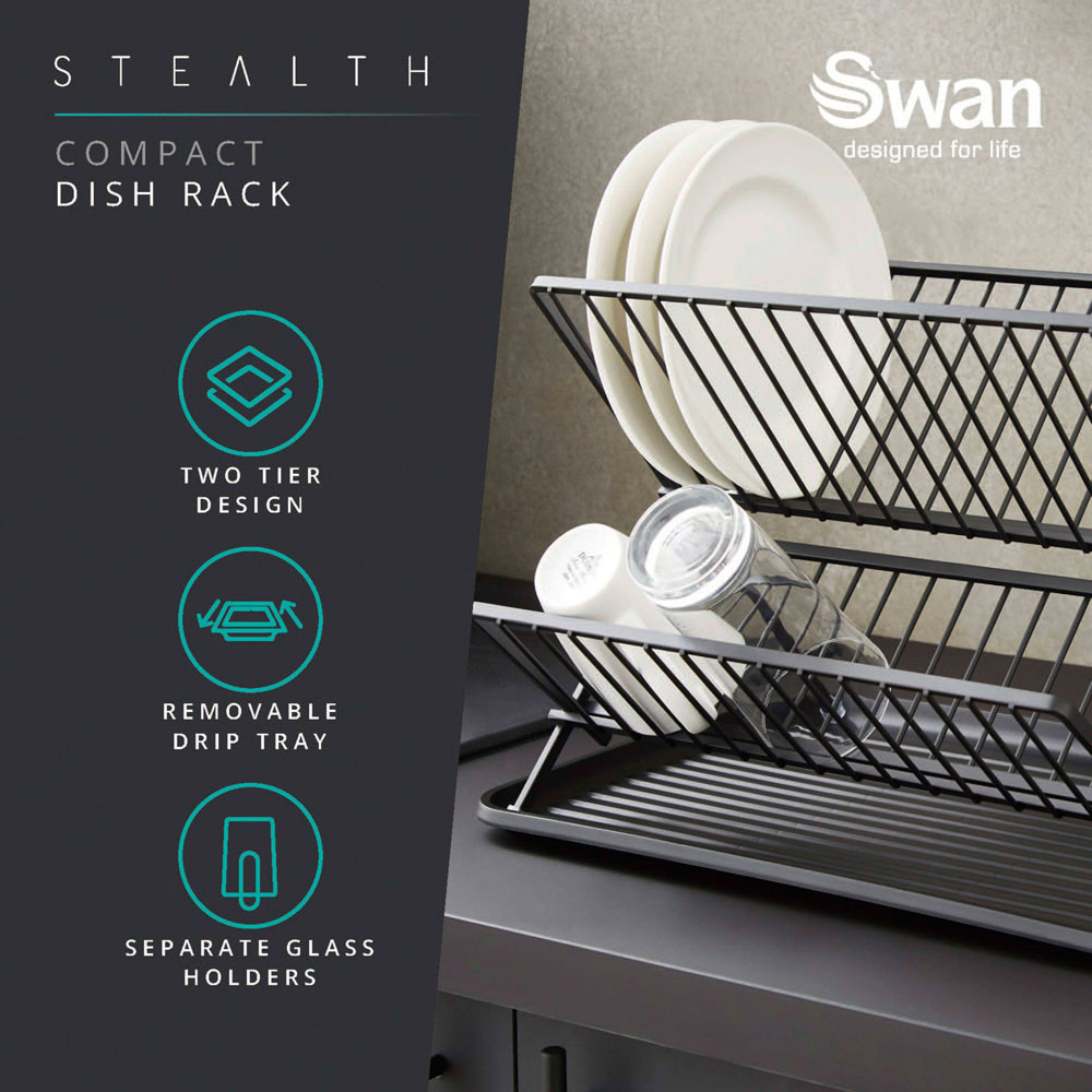 Swan Stealth 2-Tier Black 15 Plate Collapsible Dish Rack Image 3
