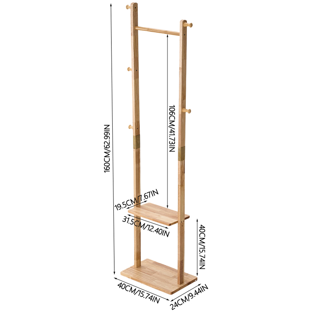 Living and Home Single Shelf Natural Freestanding Clothes Rack with 5 Hooks Image 8