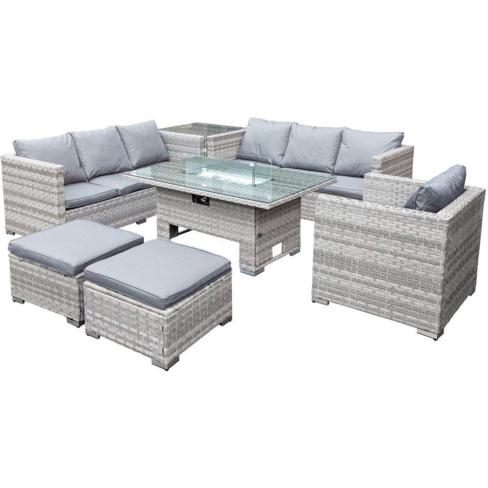 Oseasons Malta 9 Seater Dove Grey Rattan Rising Firepit Corner Sofa Set with 2 Footstool Image 2