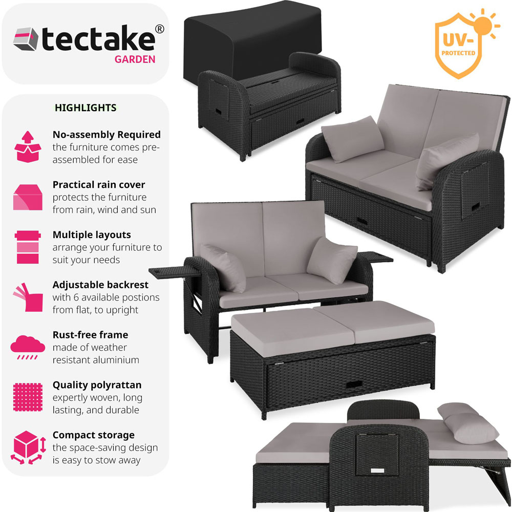 tectake Crete 2 Seater Black and Grey Reclining Garden Sofa Image 6