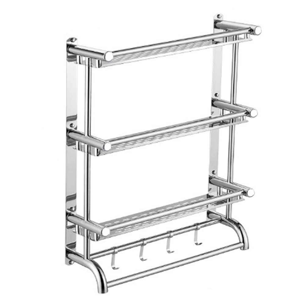 Living And Home WH0926 Silver Stainless Steel 2-Tier Bathroom Towel Rail With Hooks Image 1