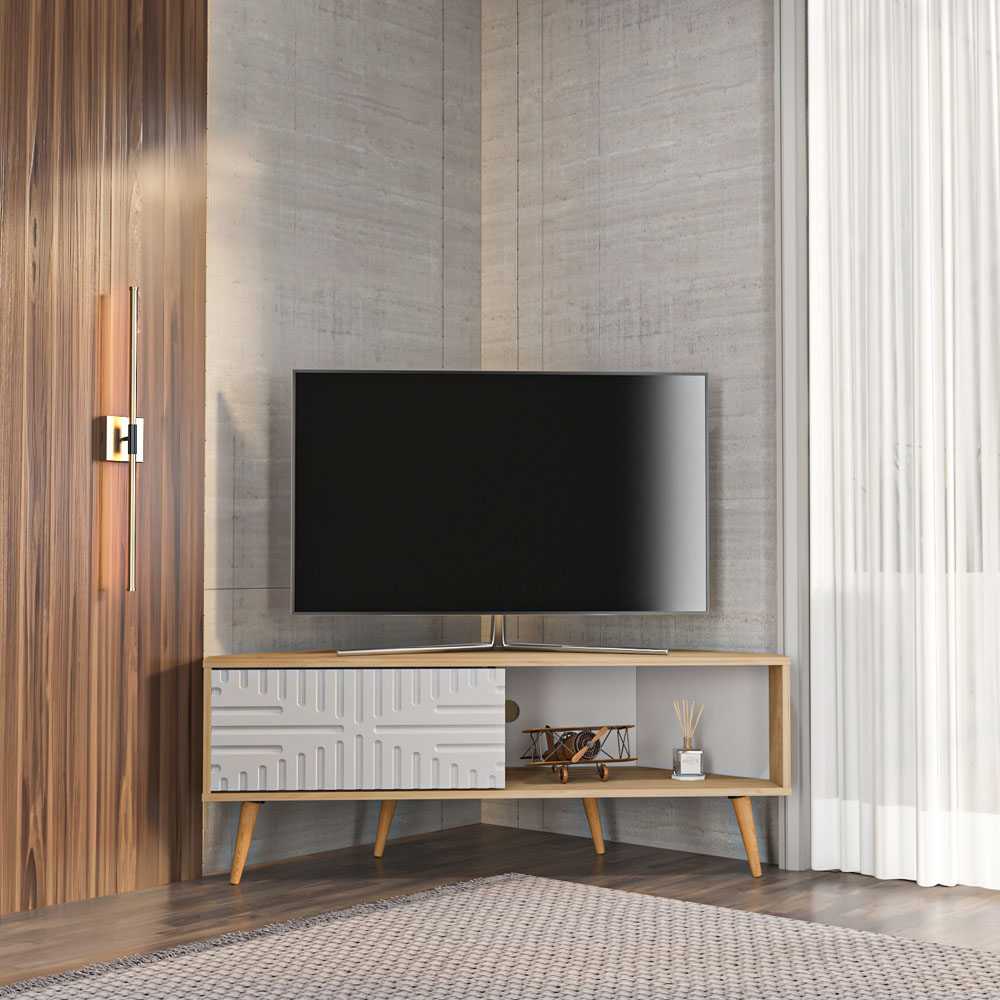 Decorotika Mora Single Sliding Door Sapphire Oak and White Corner TV Unit Image 5