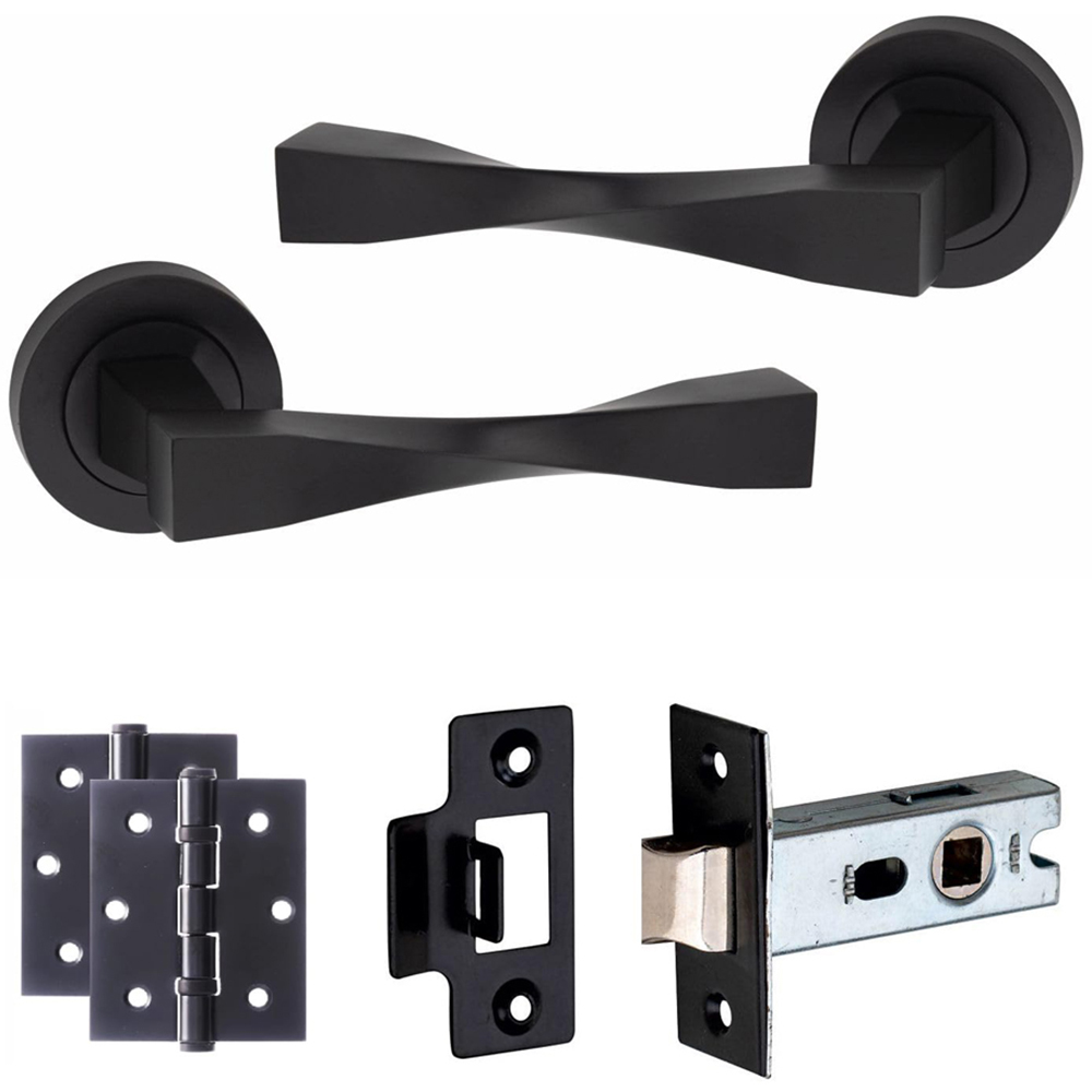 Golden Grace Matt Black Straight Astrid Twist Latch Door Handle Pair with Latch and Hinges 52mm 4 Pack Image 2