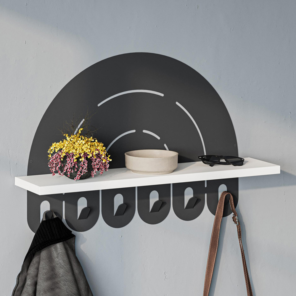 Decortie Black and White Rainbow Wall Hanger with 6 Hooks and Display Shelf Image 1