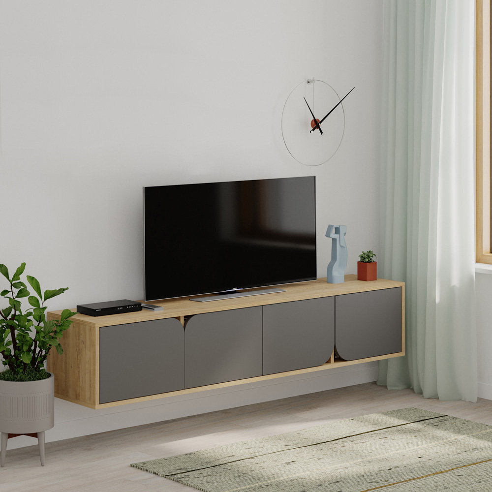 Decortie Spark 4 Door Oak Anthracite Grey Modern TV Unit Image 4