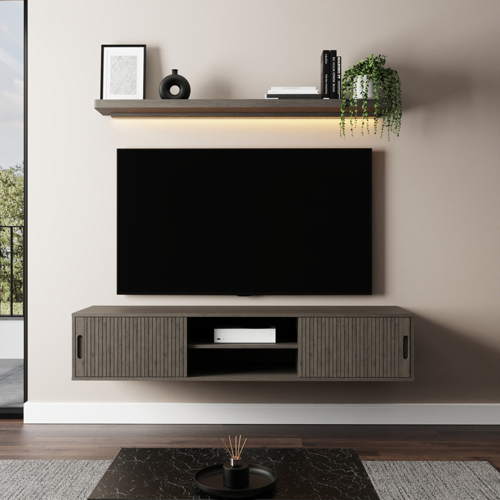 GFW Nina 2 Door 2 Shelf Grey Wall Mounted TV Unit with LED Wall Shelf Image 7