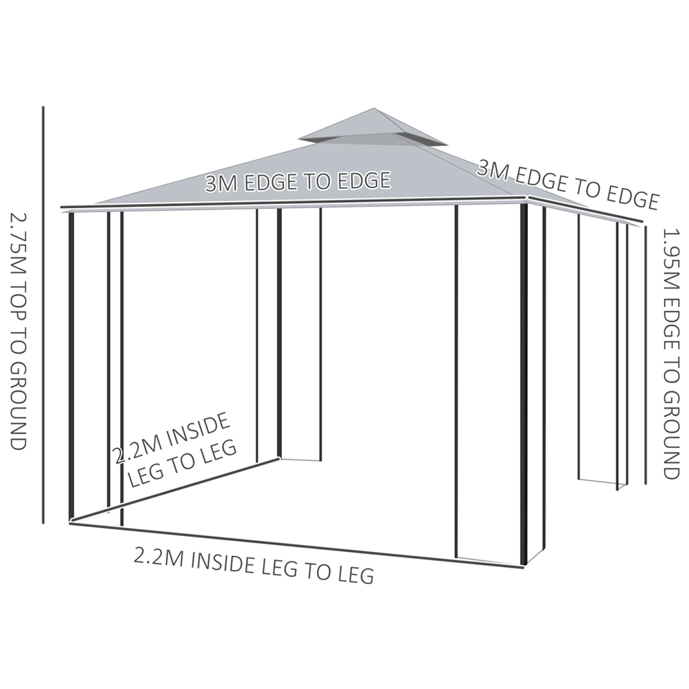 Outsunny 3 x 3m Sun Grey Double Top Gazebo with Mesh Curtains Image 6